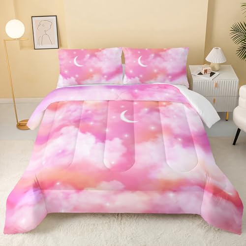 Image of QOOMO Pink Cloud Comforter Set, Rainbow Star Sky Duvet Set Bedding Set Full Size for Girls Boys with 2 Pillow Shams Lightweight Microfiber for All Seasons
