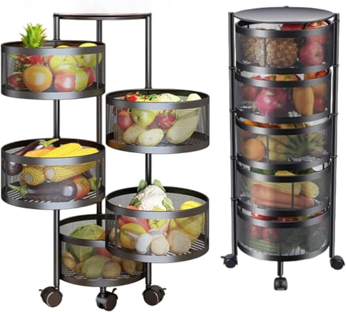 SKY-TOUCH 5 Tier Kitchen Storage Shelf Rotatable Fruit Vegetable Basket Circular Rotating Basket Large Storage Rack with 4 Movable Wheels
