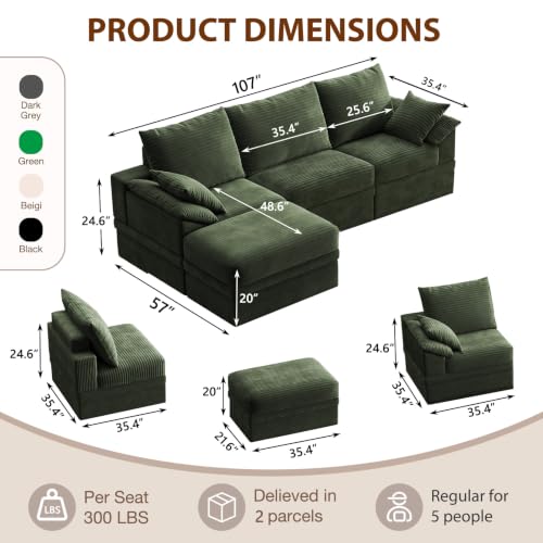 107" Modular Sectional Sofa Boneless Couch with Storage,L-Shape 3 Seat Comfy Modern Cloud Couch Sofa with Ottoman, 27" Deep Seat Corduroy Sofa for Living Room, Tool-Free Assembly - Green - image 3