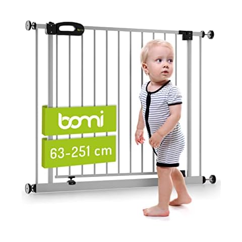 BOMI Türschutzgitter 63-251 | Ohne Bohren | 90° Stop | Schließt automatisch | Tuerschutzgitter weiß Metall Selbstschließend | Treppengitter zum Klemmen für Baby Cover