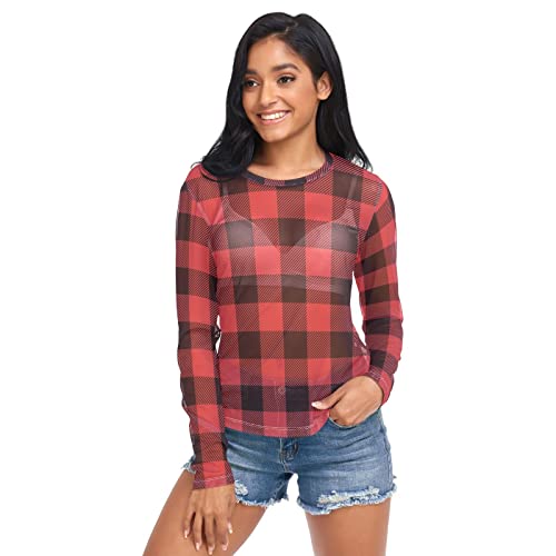Buffalo Plaid Red Black Women's Long Sleeve See Through Top Mesh