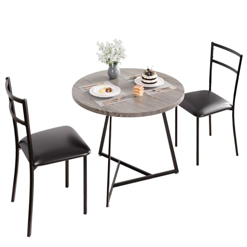 OUTGOODS 3 Piece Round Dining Table Set for 2, Kitchen Table & Upholstered Chairs, Perfect for Small Spaces, Apartment, Studio - Stylish & Space-Saving Furniture for Cozy Meals, Grey
