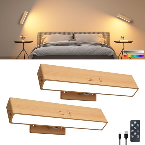 Bois Appplique Murale sans Fil avec Télécommande ou Tactile, USB Rechargeable, 3 Températures & RGB, à Intensité Variable, Rotative à 360°, Lampe...