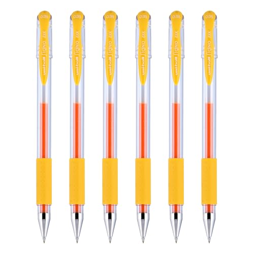 Uniball Signo DX - Bolígrafos de gel, punta ultra micro (0.38 mm), tinta amarilla dorada, 6 unidades