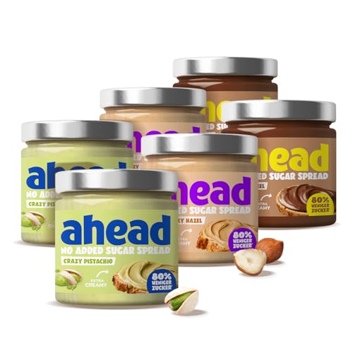ahead Crazy Nuss Creme Mix | 6 x 200g Haselnusscreme & Pistaziencreme ohne Zuckerzusatz | Aufstrich mit 80% weniger Zucker* | Ohne Palmöl glutenfrei & vegetarisch | Zuckerarmer Brotaufstrich