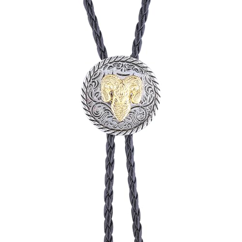 Image of GelConnie Longhorn Bull Bolo Tie for Men Native American Western Cowboy Leather Necktie Bolo Necklace for Women Gold Texas