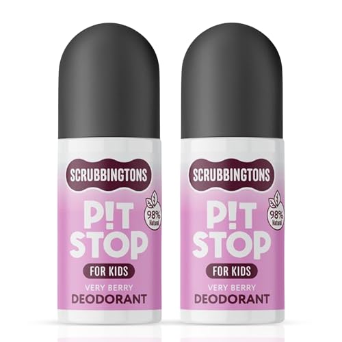 Scrubbingtons Pit Stop Kids Deodorant Natural Roll On For Children Teens. Made in UK 98% Natural Ingredients For Sensitive Skin. Paediatrician approved Aluminium & Alcohol Free Very Berry 75ml x 2