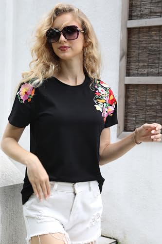 Mexican Shirts for Women: Floral Embroidered T-Shirt Cinco De Mayo Tees Mexico Fiesta Tops Casual Boho Tunic4