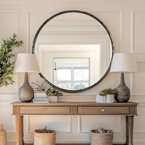 Image of ANDY STAR Hand-Forged Round Mirror for Wall, 24 Inch Black Solid Steel Antique Rounded Bathroom Mirror, Vintage Hammered Metal Frame Circle Mirror for Wall Decor, Vanity, Bedroom, Entryway