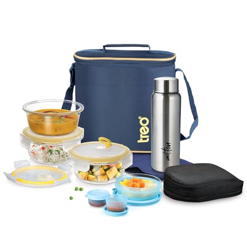 Treo By Milton All Fresh Borosilicate Glass Round Tiffin with Durable Carry Jacket, Stainless Steel Bottle,Set of 8,Microwave & Oven Safe,Leak Proof,Air Vent Lid,Scratch Resistant,Office,School,Travel