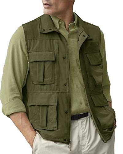 Mens Safari Outdoor Vest Utility Casual Cargo Jacket Travel Fishing Hunting Lightweight Vest with Multi-Pockets Army Green