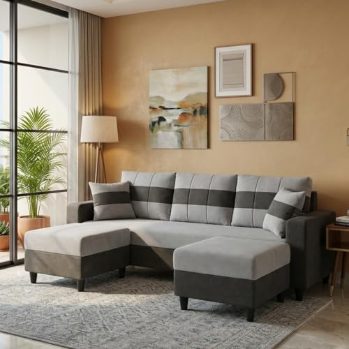 Image of Cavona 5 Seater L Shape Sofa Set with 2 Movable Ottomans | Flexible Layout | Luxury Velvet Suede Fabric | Modern Living Room Sofa | Dark Grey-Light Grey