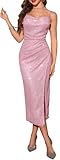 BeryLove Formal Cocktail Homecoming Party Evening Sequin Prom Dress Wedding Guest Sparkly Glitter Long Bodycon Ruched Gowns 0029 Pink XS