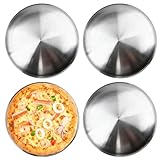 GOEDCH Juego de 4 bandejas para pizza, 30 cm, de acero inoxidable, redondas, para horno, hornear, servir, asar, metal plateado, para cocina, café, lavavajillas