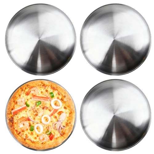 GOEDCH Lot de 4 plaques à pizza rondes en acier inoxydable de 30 cm pour four, pâtisserie, servir, rôtir, plaque de cuisson à pizza en métal argenté pour la cuisine, le plaisir du café, passe au