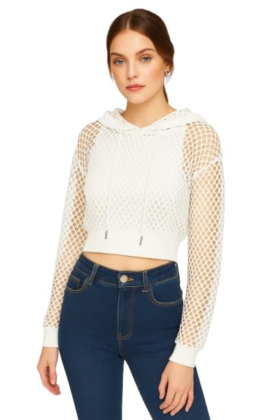 rabboni Women's White Fishnet Mesh Crop Hoodie Top | Long Sleeve See-Through Hooded Crop Top for Women | Lightweight Casual Streetwear Fashion Top-picture-38