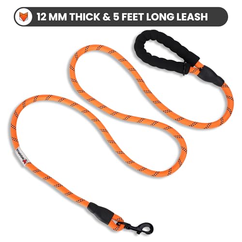 Image of Wooflix Heavy Duty Nylon Dog Leash | Anti Slip Padded Handle Long Dog Leash | Highly Reflective Leash for Dogs | Dog Rope for Medium & Large Dogs | Dog Training Leash | (Orange, 5 Feet Long)