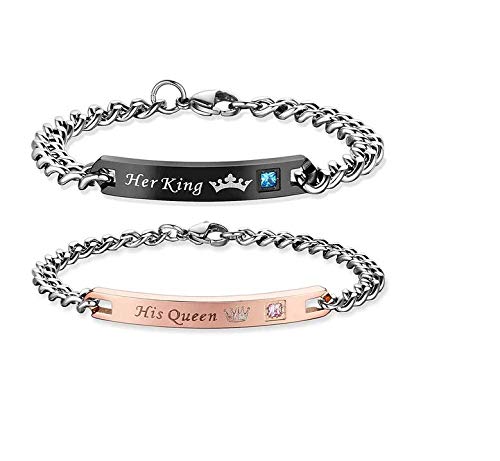 El Regalo Unisex His Or Hers Jewelry- His Queen & Her King Titanium Stainless Steel With Zircon Couple Bracelet Set