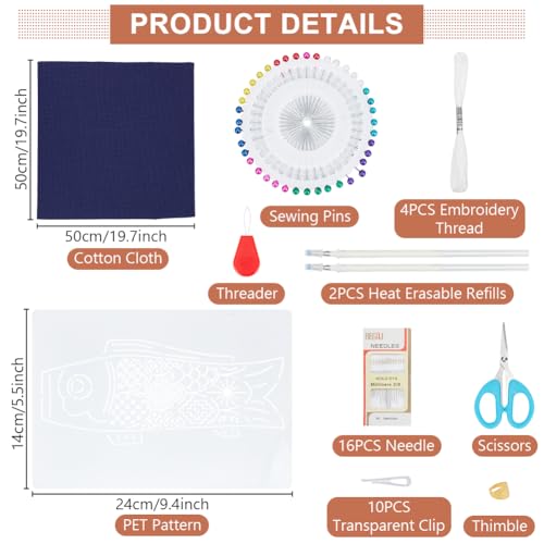 Image of FREEBLOSS DIY Sashiko Placemats Kit Sashiko Embroidery Kit Carp Flag Pattern Placemats Hand Sewing Kit with Instructions Sashiko Kit for Beginners Practice