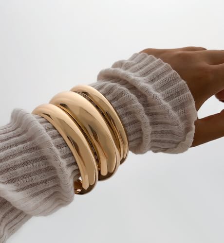 Image of Chunky Gold Bangle Bracelets for Women, Dainty 14k Gold Plated Big Stackable Bangles Set, Trendy Statement Cuff Bracelet Stack Fashion Jewelry Gifts