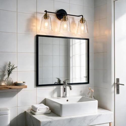Image of WILON 3 Light Bathroom Light Fixtures Hammered Glass Vanity Light | Modern vanity light with hammered glass shades and black gold finish Ideal for bathroom mirror, makeup and dressing areas