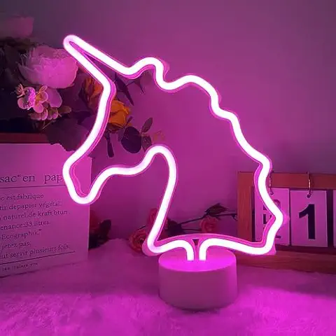 Unicorn Neon Sign With Holder Base, Pink Unicorn Shape USB or 3-AA Battery Powered Neon Light for Kids' Room, Tablelet Night Light Decor for Home, Bedroom, Office, Party, Birthday Christmas Gift Cover