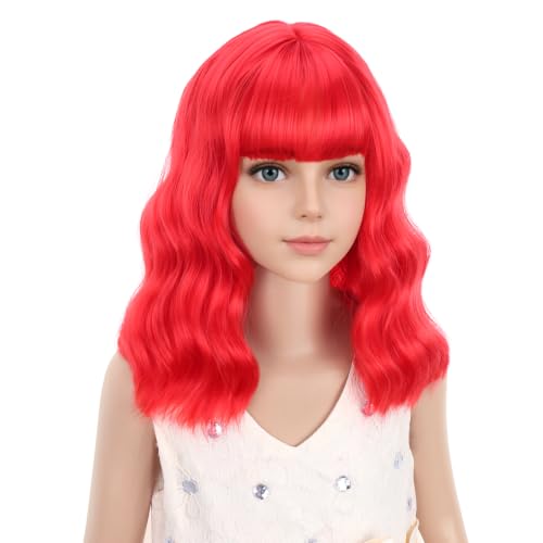 Image of PATTNIUM Kids Red Wig Short Wavy Red Wig with Bangs Red Wigs for Girls Heat Resistant Synthetic Hair Children Wigs (Red)