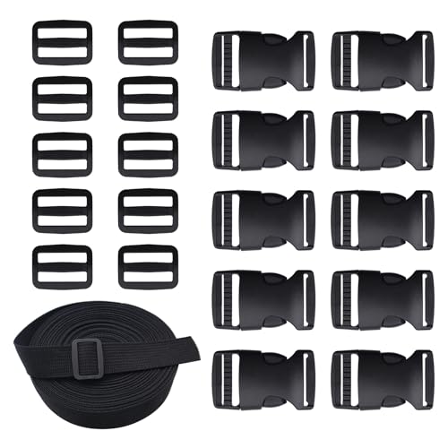10 Yards Cinta Poliéster,Correas de Poliéster con 10 Hebilla Deslizante de Plástico,10 Clips de Hebilla de Plástico,Lateral Ajustables Hebilla Mochila para Correa de Equipaje y Collar de Mascota