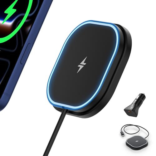 25W Magnetisches Wireless Autoladegerät Polmxs für MagSafe Ladegerät Auto mit Nano-Saugfuß Induktives Schnellladegerät mit 45W KFZ Ladegerät & USB-C Kabel Kompatibel mit iPhone 17/16/15/14 Samsung