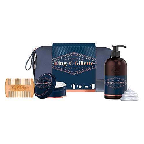 King C. Gillette Juego de regalo para hombre con bolsa de aseo + peine para barba + champú para barba (gel de lavado) + bálsamo para barba, juego de afeitar, regalo para hombres