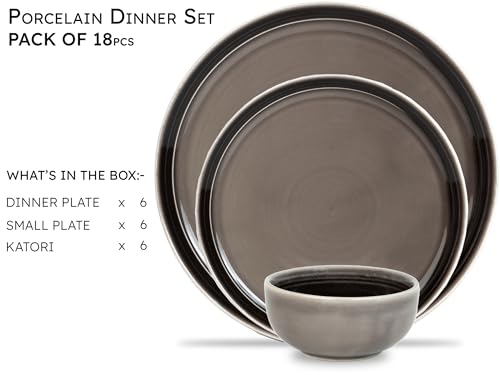 Image of Bodhi House Handcrafted Chip Resistance Porcelain Dinner Set, 18 Pieces Dish Set Serving for 6, Microwave and Dishwasher Safe, Bone-ash Free, Crockery Set for Dining and Gifting, Smoke Grey