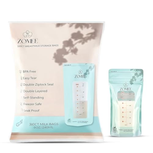 Image of Zomee Breast Milk Storage Bags 8oz – Leakproof Double-Zip Seal, Self-Standing, Easy-Pour Design, Freezer Safe, Pre-Sterilized, BPA & Phthalate Free – Bulk Pack of 360