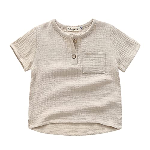 Ashmyova Boys Cotton Linen Shirt Toddler Boys Pocket Button Short Sleeve T Shirt Tees Tops