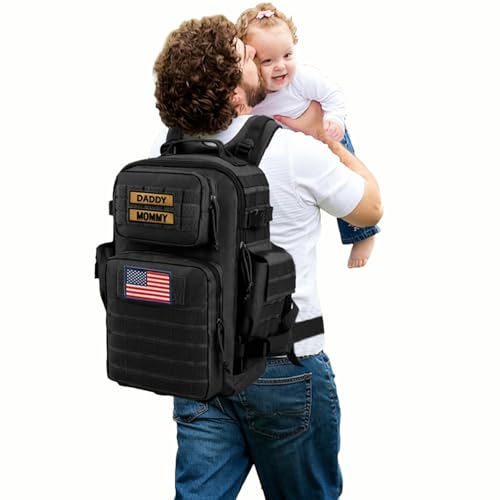 Image of SHARKMOUTH Dad Diaper Bag for Men - Military Baby Backpack with Patches for Hiking Travel Camping Trips - Baby Shower Gifts Black