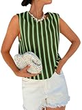 Tankaneo Womens Striped Tie Back Tank Tops Summer Casual Crewneck Sleeveless Shirts Loose Fit Vest Tops Army Green