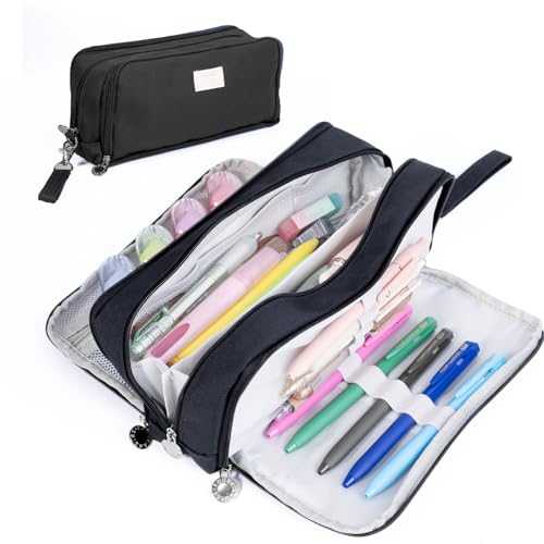 Four Candies Black Pencil Case 3 Compartment Pouch Large Pencil Pouch for School Girls Teen Boys Women Black Removable Handle & Zipper Cute Pencil Bag for Office College