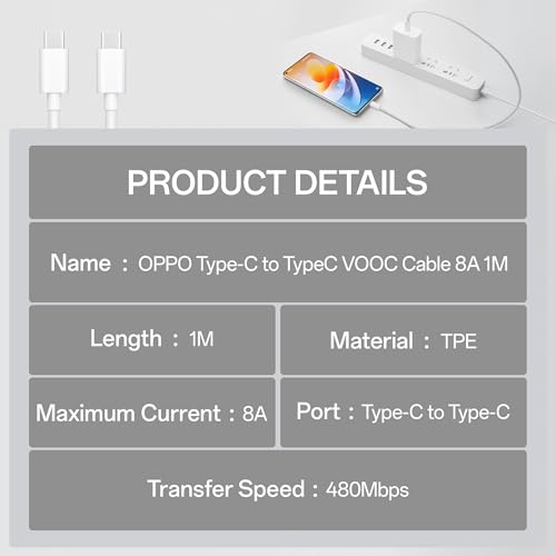 Image of OPPO Original (6 months Offical Warranty) Type-C to Type-C SUPERVOOC 8A Flash Charging, Suitable for Android Smartphones-DL149 White