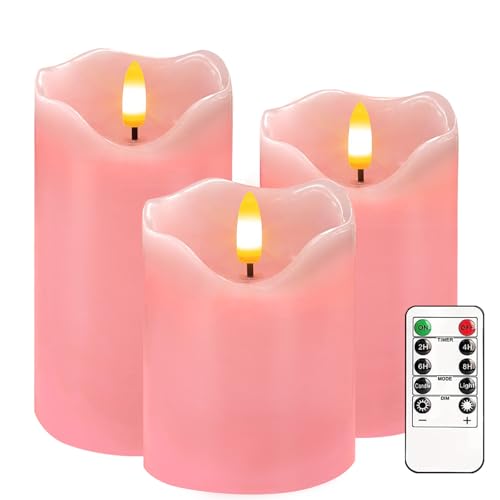 Image of VEEKI Flameless Candles Light, Set of 3 Flickering LED Candle with Remote & Timer, Dimmable Electric Pillar Candles Battery Operated, Pink Candles for Valentine's Day Xmas Home Decor (3PC)