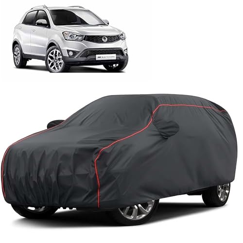 Image of Sulfar 100% Water Resistant Car Body Cover Compatible with Mirror for SsangYong Korando (Triple Stitched, Full Bottom Elastic, Dark Grey Taffeta with Red Piping)