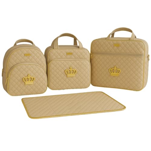 Kit Bolsas Saída Maternidade Para Bebê 4 Peças Estilo Coroa Dourada (Bege)