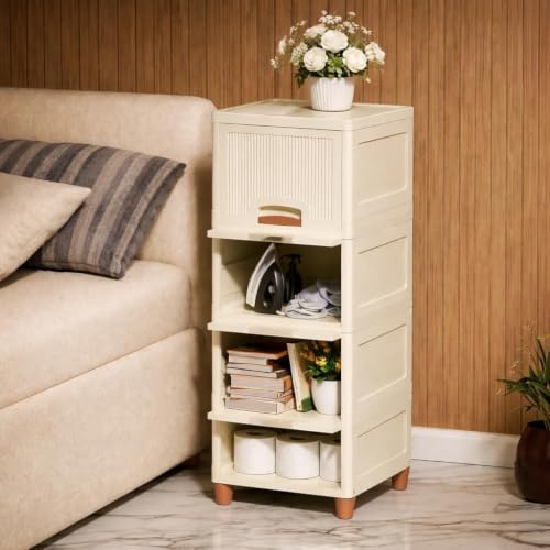 Image of Multi-Purpose Modular Storage Cabinet with Foldable Compartments, Stackable Organizer Box with Doors & Raised Legs for Clothes, Books, Kitchen Supplies, Bedroom and Living Room (4 Layer)