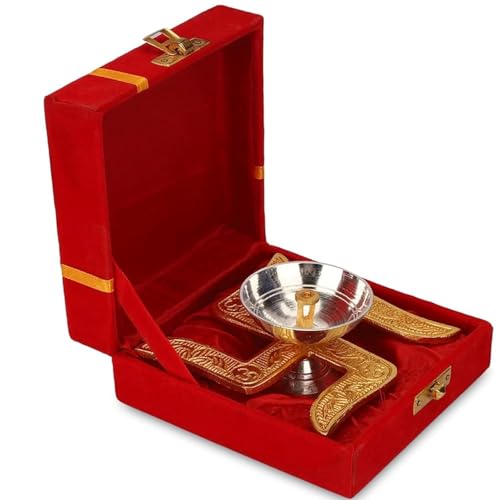 Image of Set of 2 Swastik Brass Akhand Diya and Silver Bowl with Gift Box, Gold & White Akhand Diyas Pooja Room Decoration, Return Gift & House Warming Gift