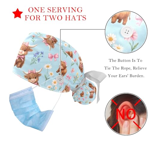 Image of 2 PCS Bouffant Cap with Button Ponytail Pouch Working Cap Sweatband Adjustable Surgical Cap Black and White Cow