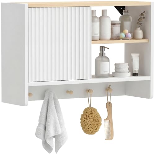 HOMCOM Armoire Murale de Salle de Bain, Meuble de Rangement Suspendu pour Salle de Bains avec Porte, étagères Ouvertes et 5 Crochets, Meuble WC Suspendu, 60 x 20 x 40...