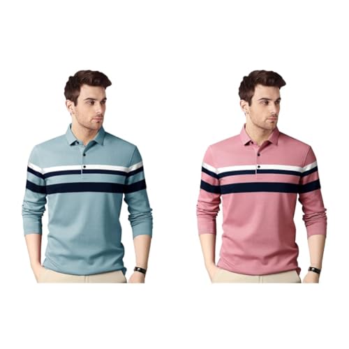 Image of EYEBOGLER Polo Neck Half Sleeve Striped Print Casual Men Regular Fit Tshirt (Pack of 2)