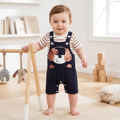 Image of Baby Boy Clothes Striped Romper Cartoon Overall Set 0-18M | Soft Breathable Cotton Romper And Animal Cartoon Overall Shorts Set Offering All-Day Comfort, Daily Wear, Machine Washable