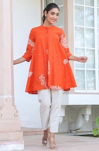 Image of Janasya Women's Orange Pure Cotton Floral Printed Flared Tunic