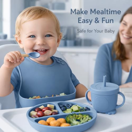 Image of 6Pcs Silicone Baby Feeding Set Bpa-Free,Microwave Safe,Anti-Slip Base | Complete Tableware Kit for Babies & Toddlers with Suction Plate,Bowl,Cup, Spoon,Fork & Bib (Blue)