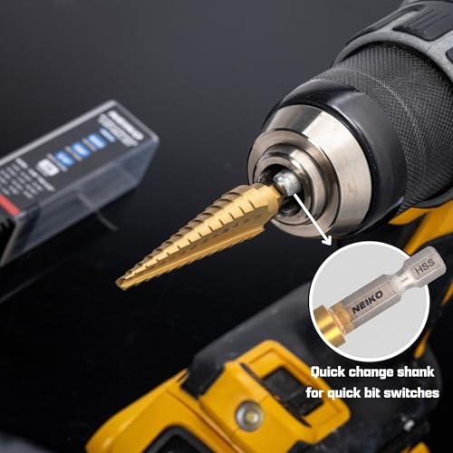 Image of NEIKO 10601A Step Drill Bit, 13 Steps 1 /8 inch to 1 /2 inch Straight High Speed Steel, Titanium Nitride Coated, 1 /4 inch Quick Change Step Bits for Steel, Metal, Wood, Plastic, Unibit Cone Drill Bits, Two Flute