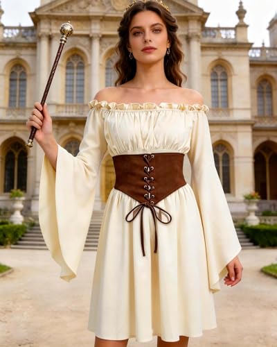MOSTORY Renaissance Costume for Women - Beige Victorian Medieval Waist Corset Dress for Renfaire Accessories, Off Shoulder Peasant Fairy Dresses with Long Bell Sleeve for Pirate Cosplay - image 5